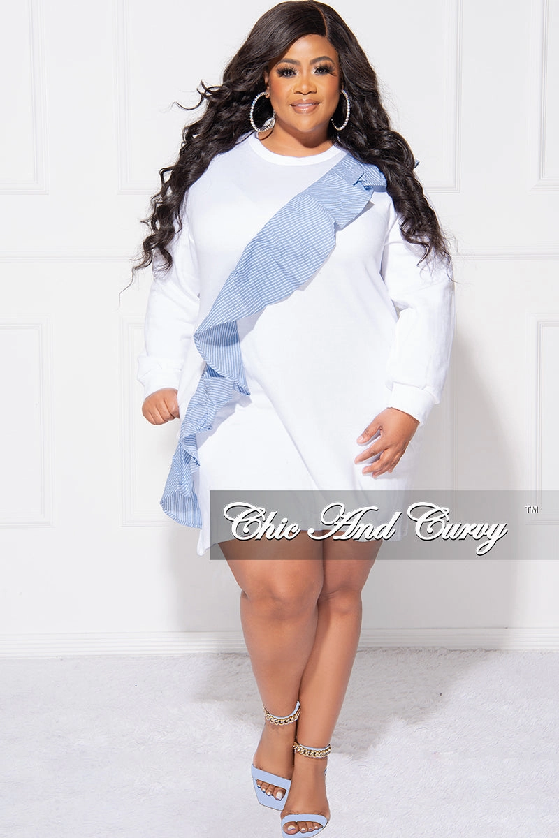 Final Sale Plus Size Asymmetrical Ruffle  Sweater Dress in White and Blue Low Profile Fasteners Carbon Infused Fabric