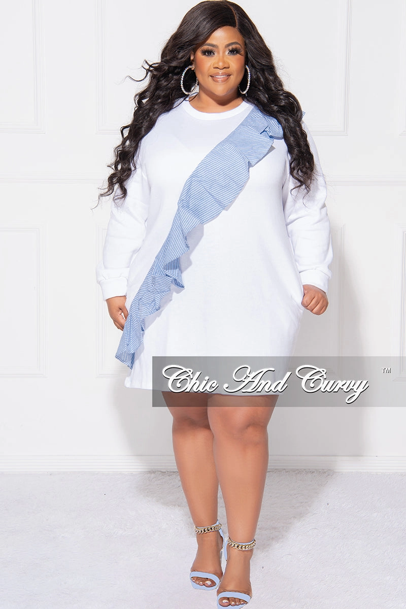 Universal Fit System Final Sale Plus Size Asymmetrical Ruffle  Sweater Dress in White and Blue