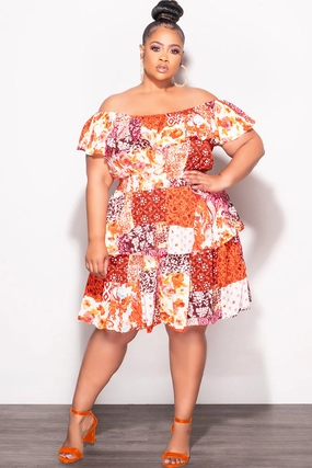 Core Comfort Durable Weave Final Sale Plus Size Off the Shoulder Tiered Ruffle Dress in Orange Multi Color