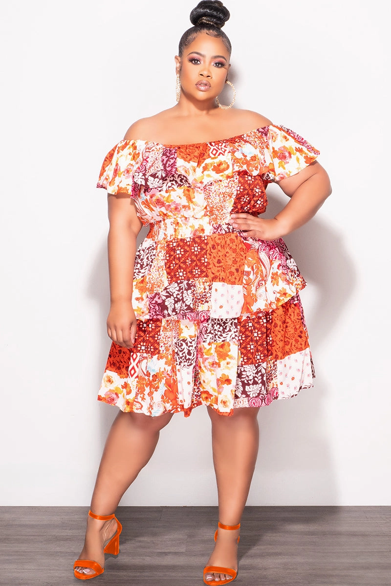 Core Comfort Durable Weave Final Sale Plus Size Off the Shoulder Tiered Ruffle Dress in Orange Multi Color