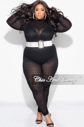 Final Sale Plus Size 2pc Sheer Lace Bodysuit Pants Set in Black No Irritation Seams Chilly Day Layers