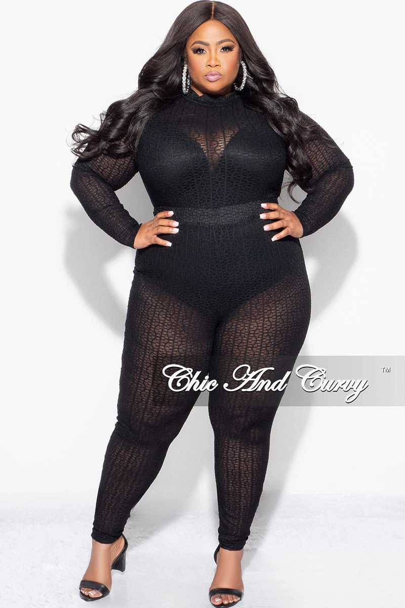 Chic Design AntiStaticTreatment Final Sale Plus Size 2pc Sheer Lace Bodysuit Pants Set in Black