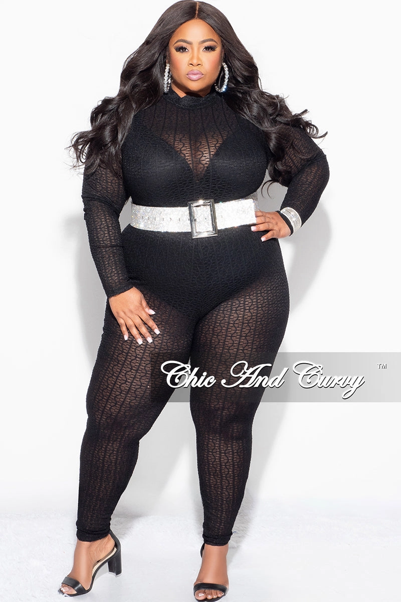 Light Wear Fit Final Sale Plus Size 2pc Sheer Lace Bodysuit Pants Set in Black
