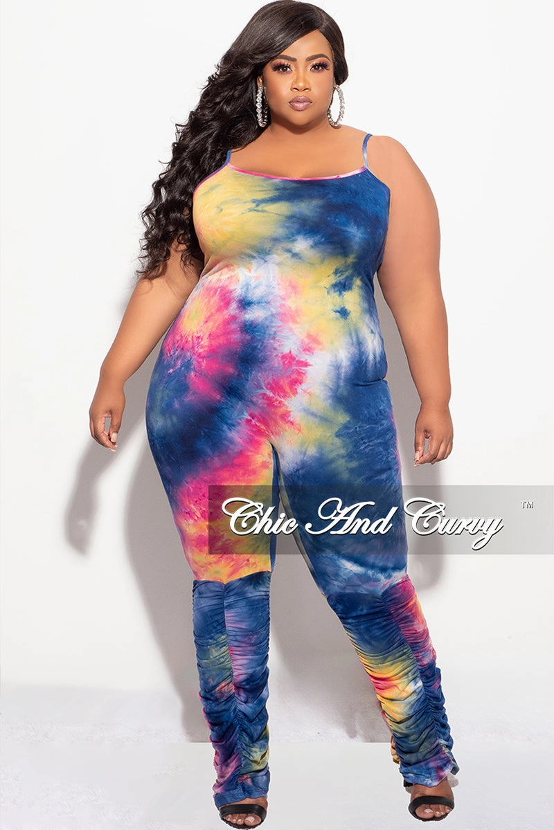 Elastic Fit Final Sale Plus Size Spaghetti Strap Jumpsuit in Dark Neon Tie Dye