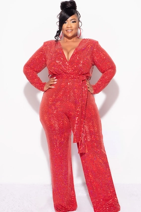 Final Sale Plus Size Long Sleeve Faux Sequin Wrap Jumpsuit with Attached Tie in Red Bonded Seam Tape