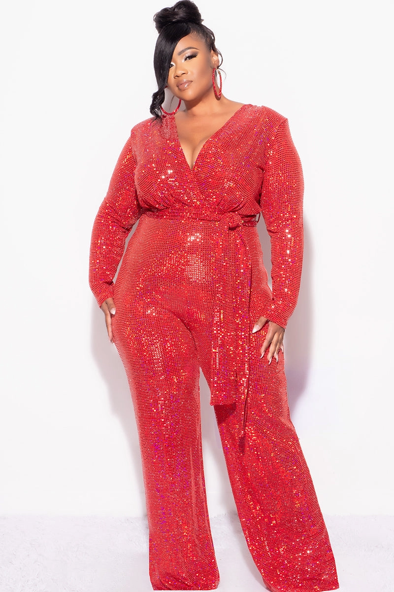 Final Sale Plus Size Long Sleeve Faux Sequin Wrap Jumpsuit with Attached Tie in Red Drop Shoulder Cut