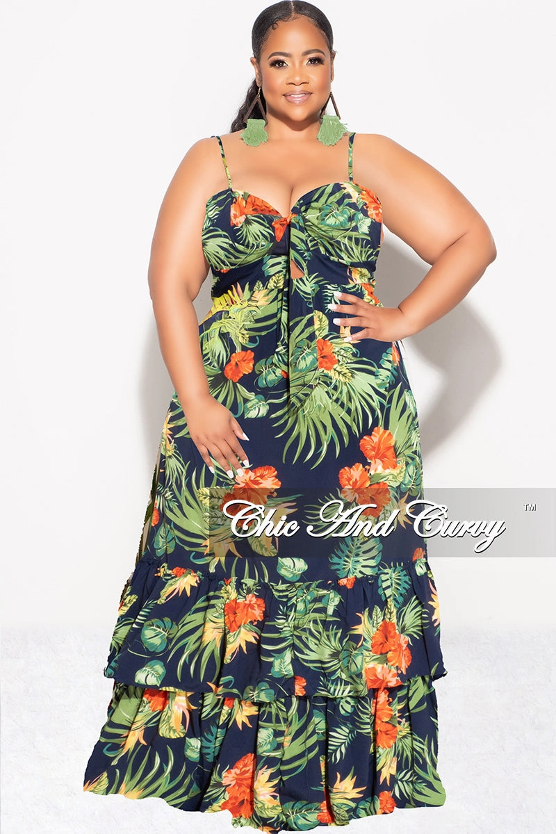 Final Sale Plus Size Tank Maxi Dress in Chiffon in Navy, Green & Orange Print Summer Versatile Comfort Packable Fit
