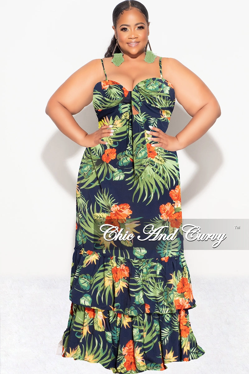 Final Sale Plus Size Tank Maxi Dress in Chiffon in Navy, Green & Orange Print Summer Odor Control Fabric