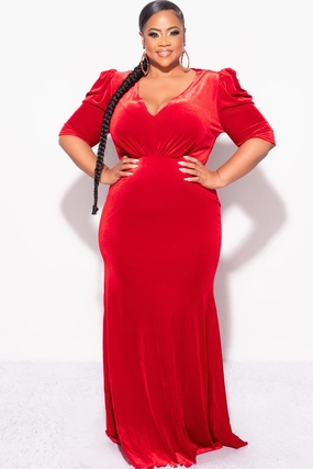 Final Sale Plus Size V-Neck Gown with Puffed Sleeves in Red Velvet QuickDrySystem