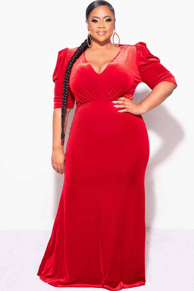 Adaptive Waistband Final Sale Plus Size V-Neck Gown with Puffed Sleeves in Red Velvet