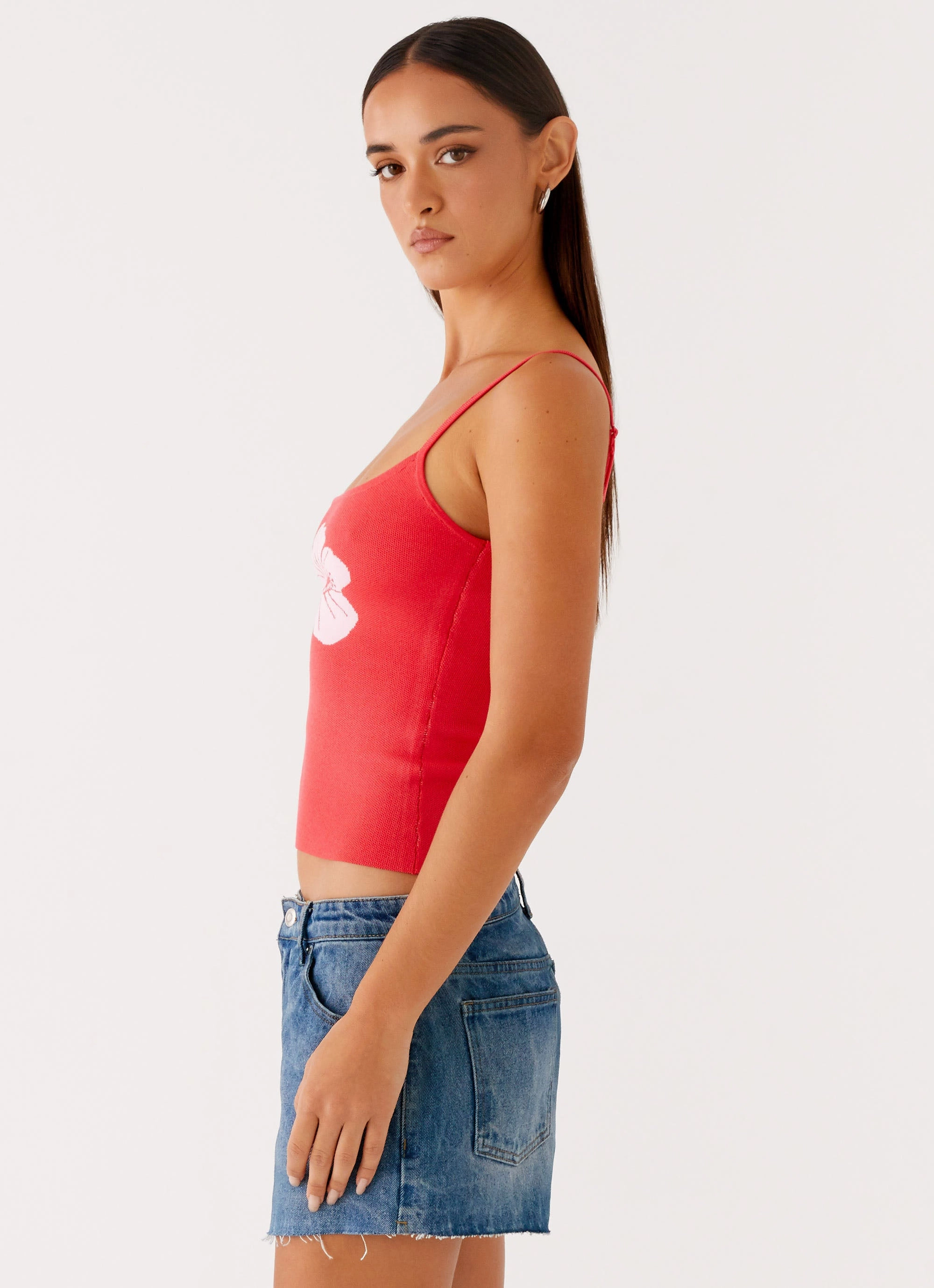 Ofira Knit Tank Top - Red Floral Friction Resistant Shoulder Soft Inner Lining