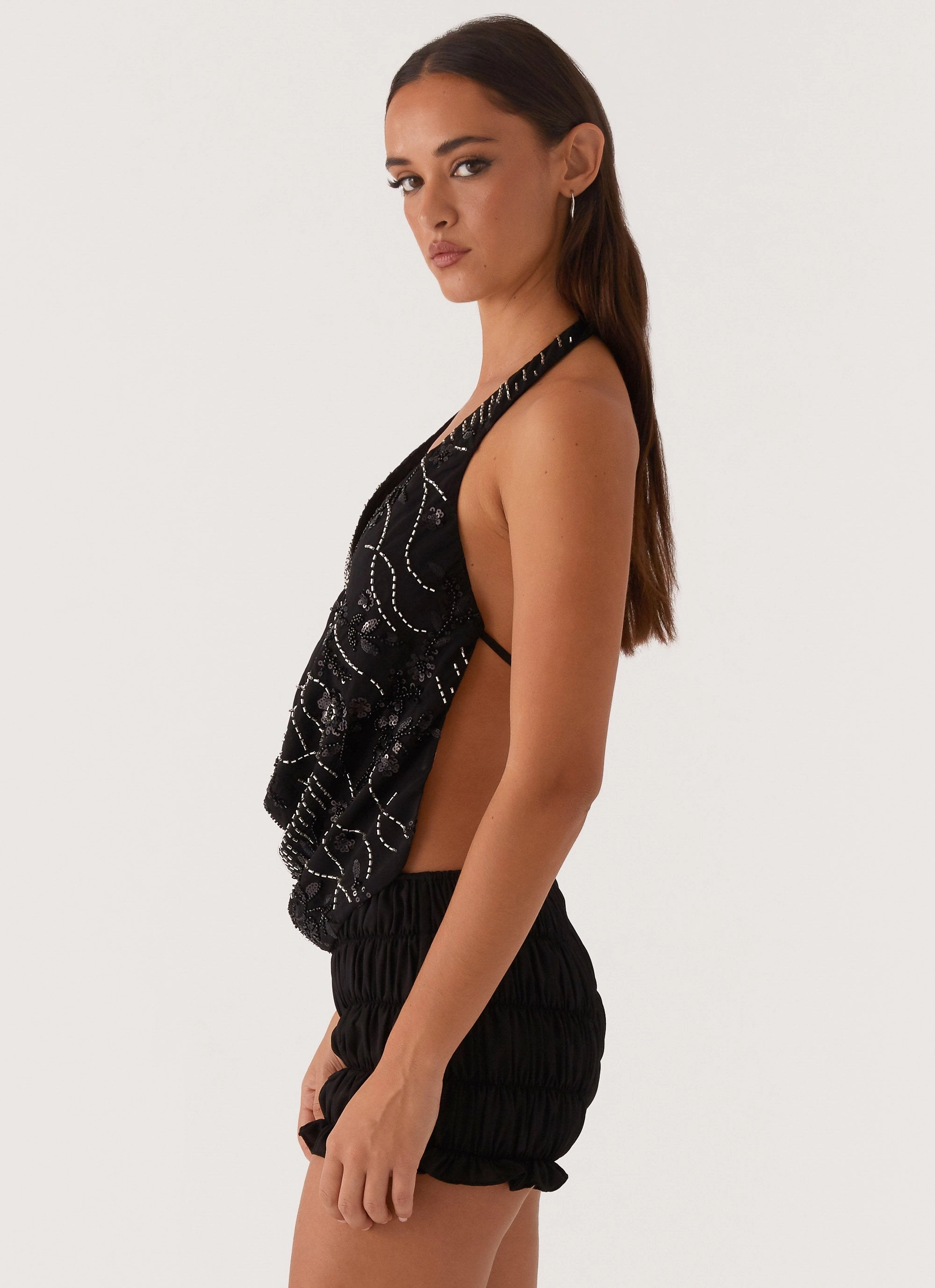 Gail Beaded Cowl Halterneck Top - Black LayeredDurability Anti Static Treatment