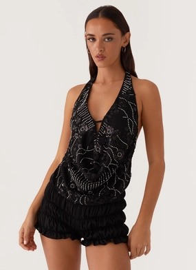 Gail Beaded Cowl Halterneck Top - Black Bonded Seam Innovation Breathable fabric