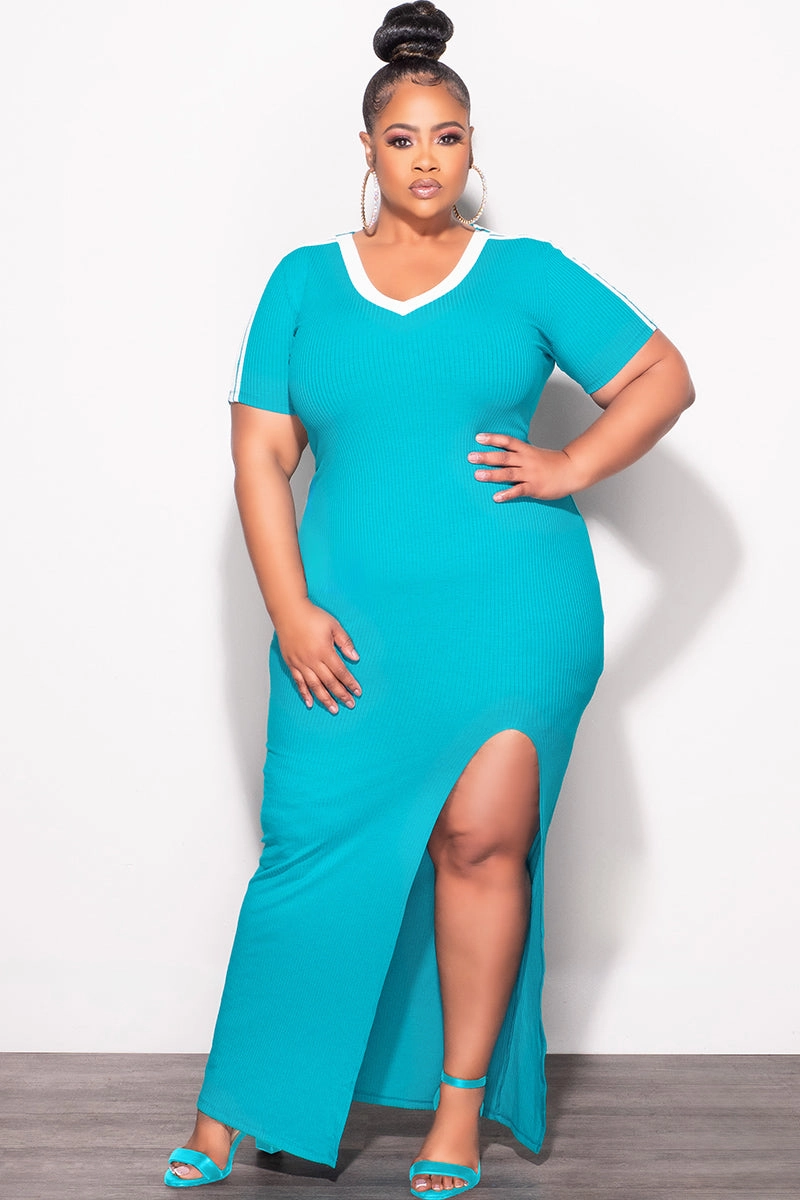Final Sale Plus Size Ribbed Colorblock Bodycon Dress with Front Slit in Turquoise Tailored Wear