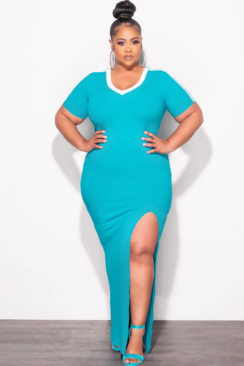 Final Sale Plus Size Ribbed Colorblock Bodycon Dress with Front Slit in Turquoise Sustainable Material Blend Comfort Wear Fit