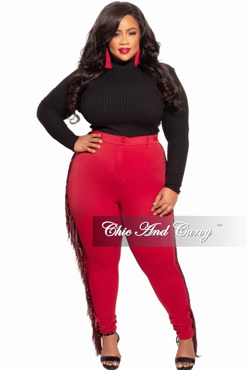 Final Sale Plus Size Burgundy High Waist Pants with Burgundy Sequin Fringe Trim Chafe Free