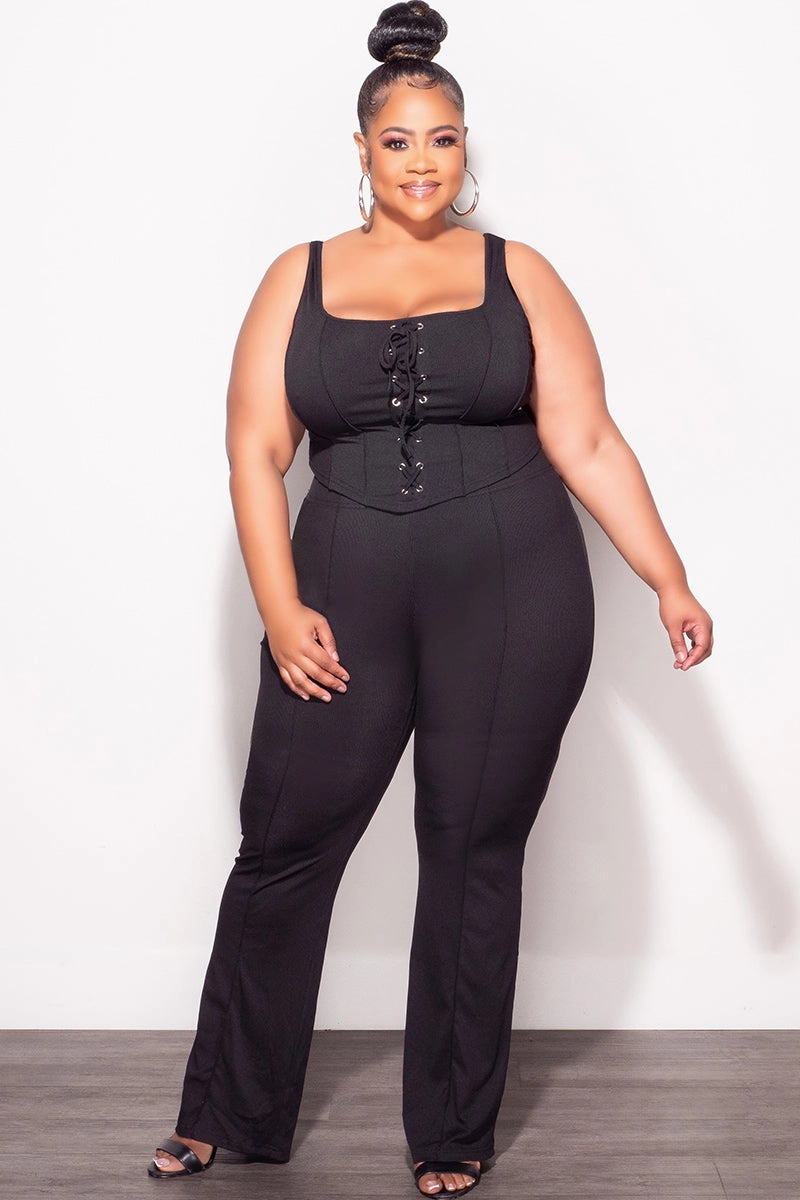 Durable Fit Essential Wear Final Sale Plus Size Ribbed 2pc Sleeveless Lace Up Tank Top & Pants Set in Black