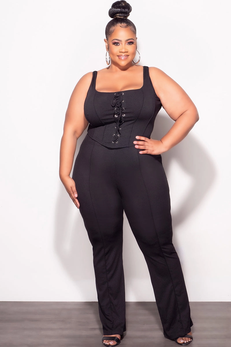 Final Sale Plus Size Ribbed 2pc Sleeveless Lace Up Tank Top & Pants Set in Black Perfect Length
