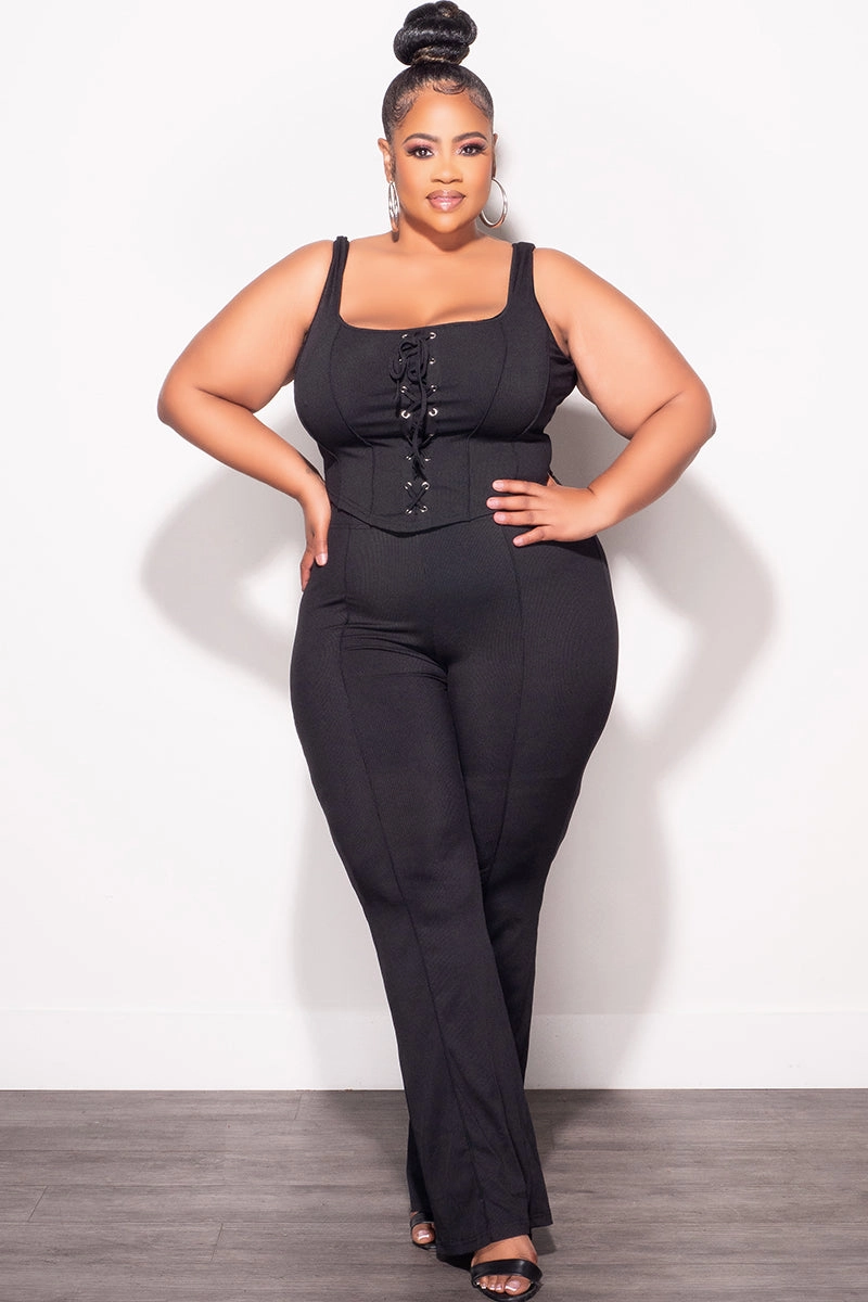 Final Sale Plus Size Ribbed 2pc Sleeveless Lace Up Tank Top & Pants Set in Black Laser cut Anti Static Lining
