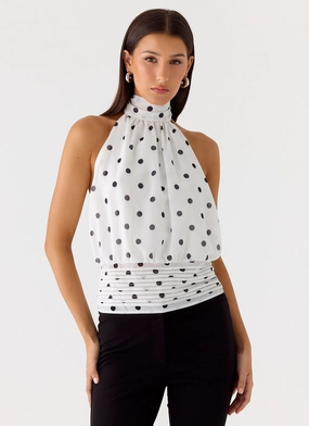 Willow Chiffon Top - White Polkadot Contoured Armhole Design