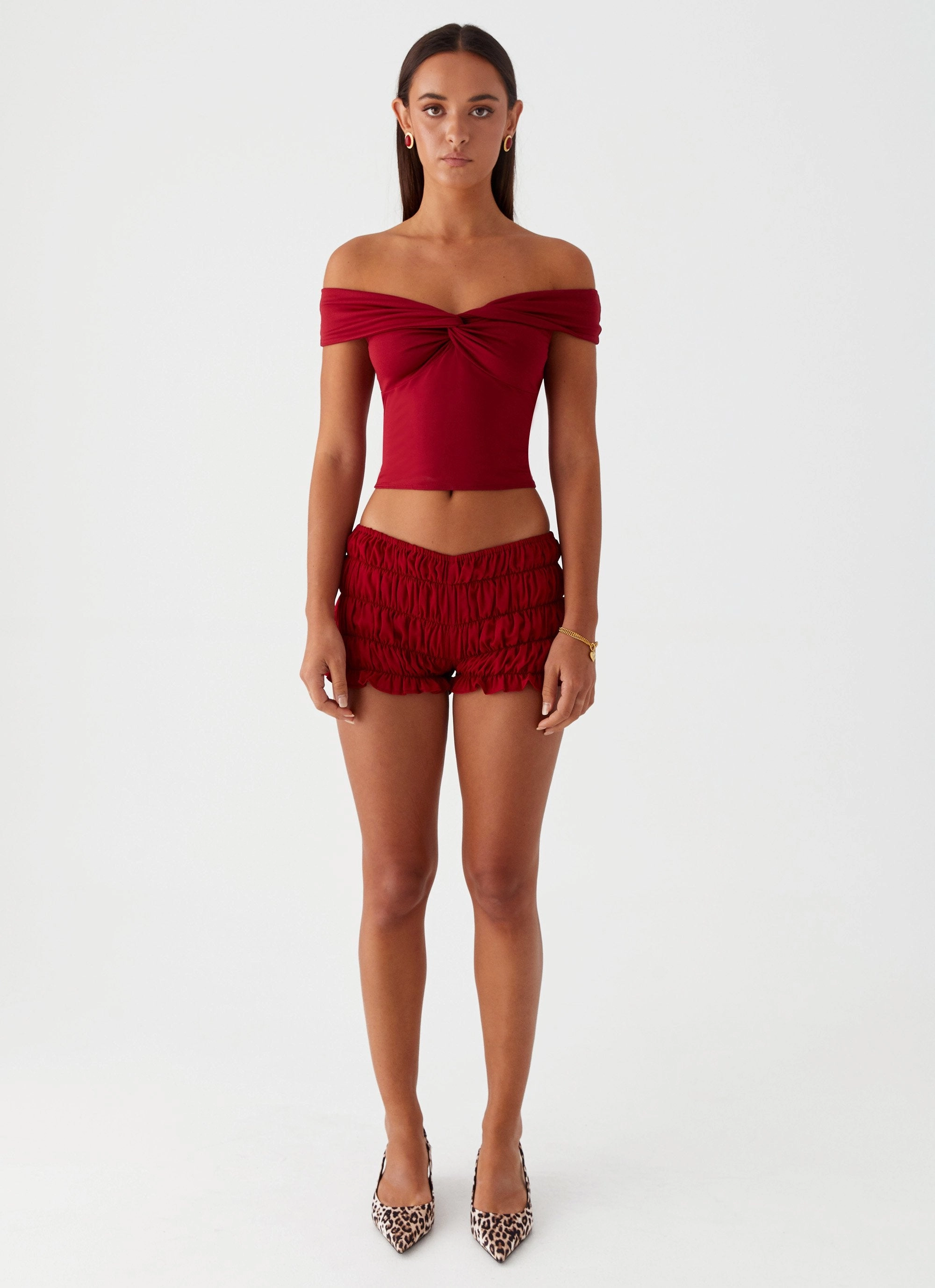 FadeResistant Treatment Moisture Wicking Fabric Trixie Twist Off Shoulder Top - Maroon