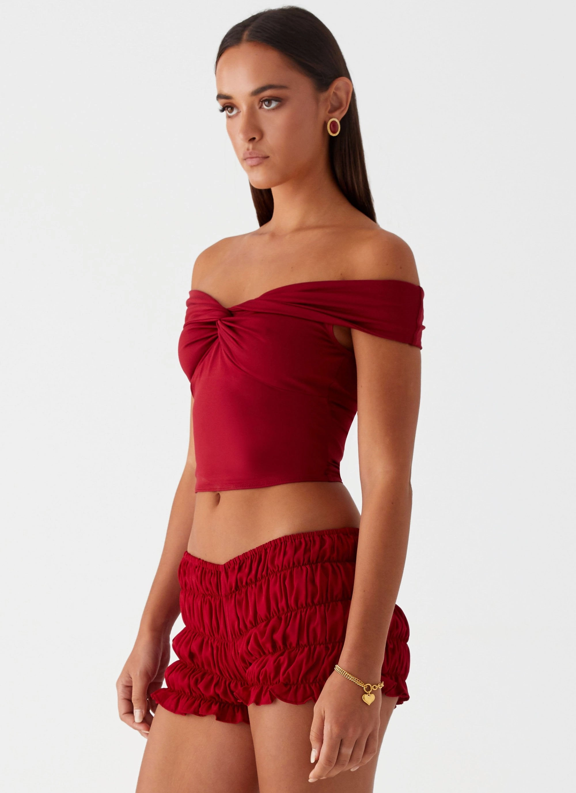 DualLayer Weave RibbedTrims Trixie Twist Off Shoulder Top - Maroon