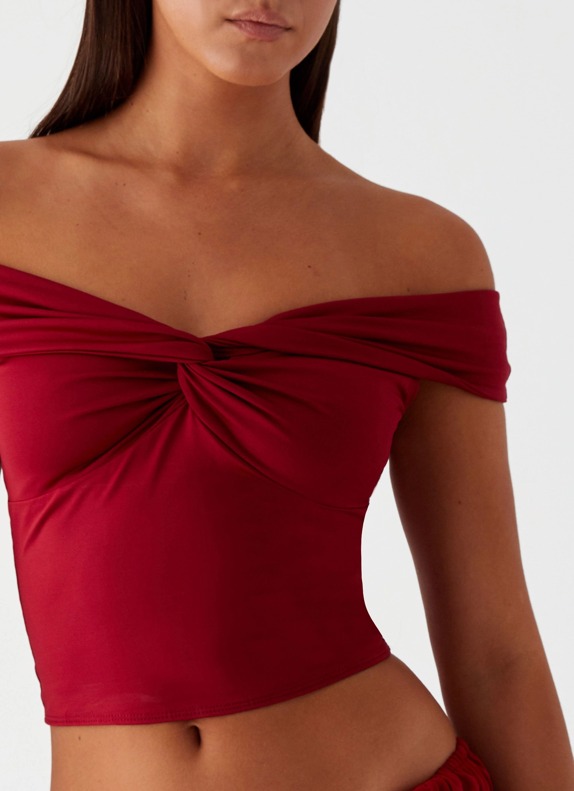 Trixie Twist Off Shoulder Top - Maroon Anti Static Weave Technology WrinkleResistantWeave