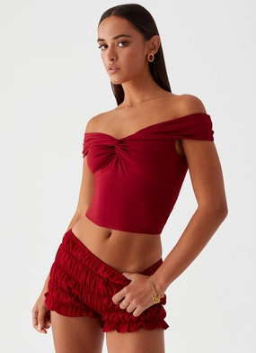 Trixie Twist Off Shoulder Top - Maroon Eco Friendly Fabric WrinkleFree Structure