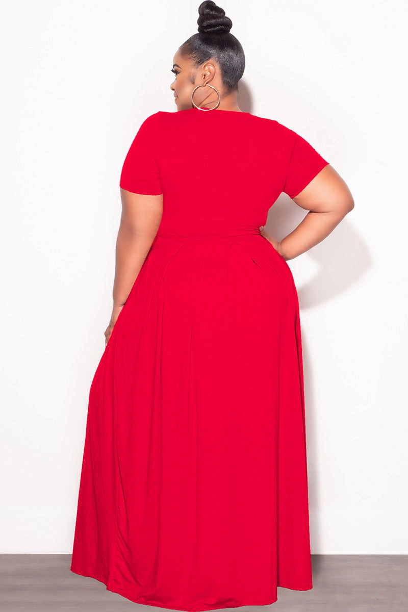 Final Sale Plus Size 2pc Short Sleeve Tie Top and Skirt Set in Red TaperedLeg