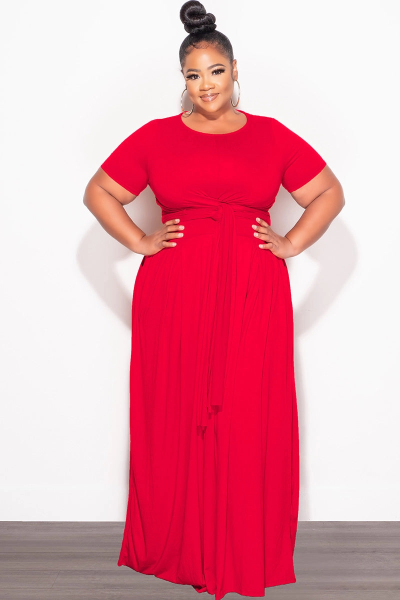 Comfortable Fit Look Smart Motion Final Sale Plus Size 2pc Short Sleeve Tie Top and Skirt Set in Red