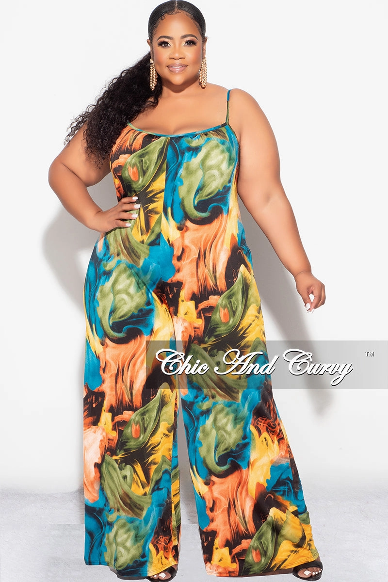 Final Sale Plus Size Spaghetti Straps Jumpsuit in Turquoise Olive and Orange Performance Ready Casual Fit Design
