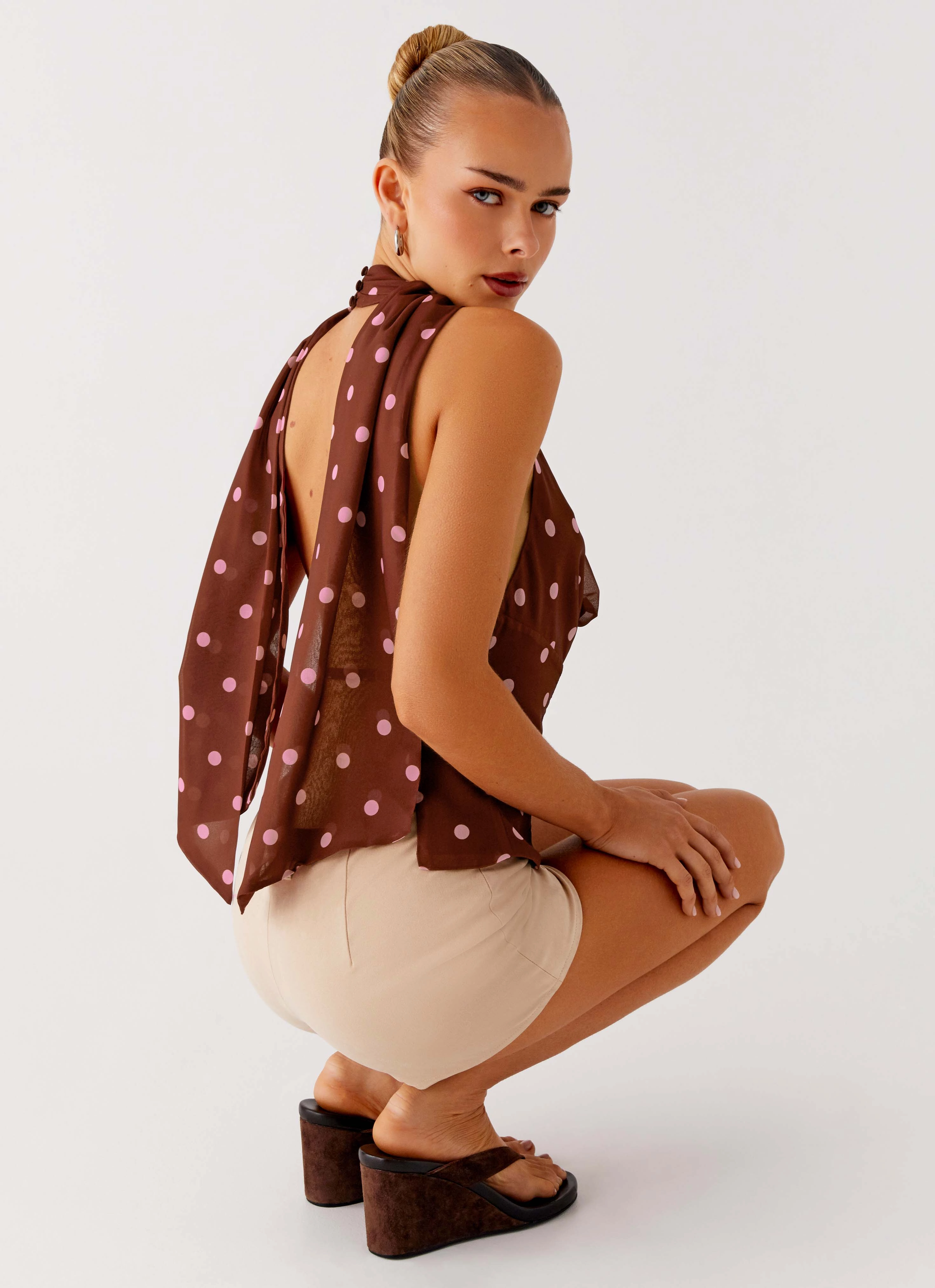 Everyday Comfort Flexible Hemline Stealing Love Scarf Top - Chocolate Strawberry Dot
