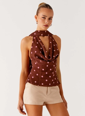 Sustainable Production Methods Layered Look Stealing Love Scarf Top - Chocolate Strawberry Dot