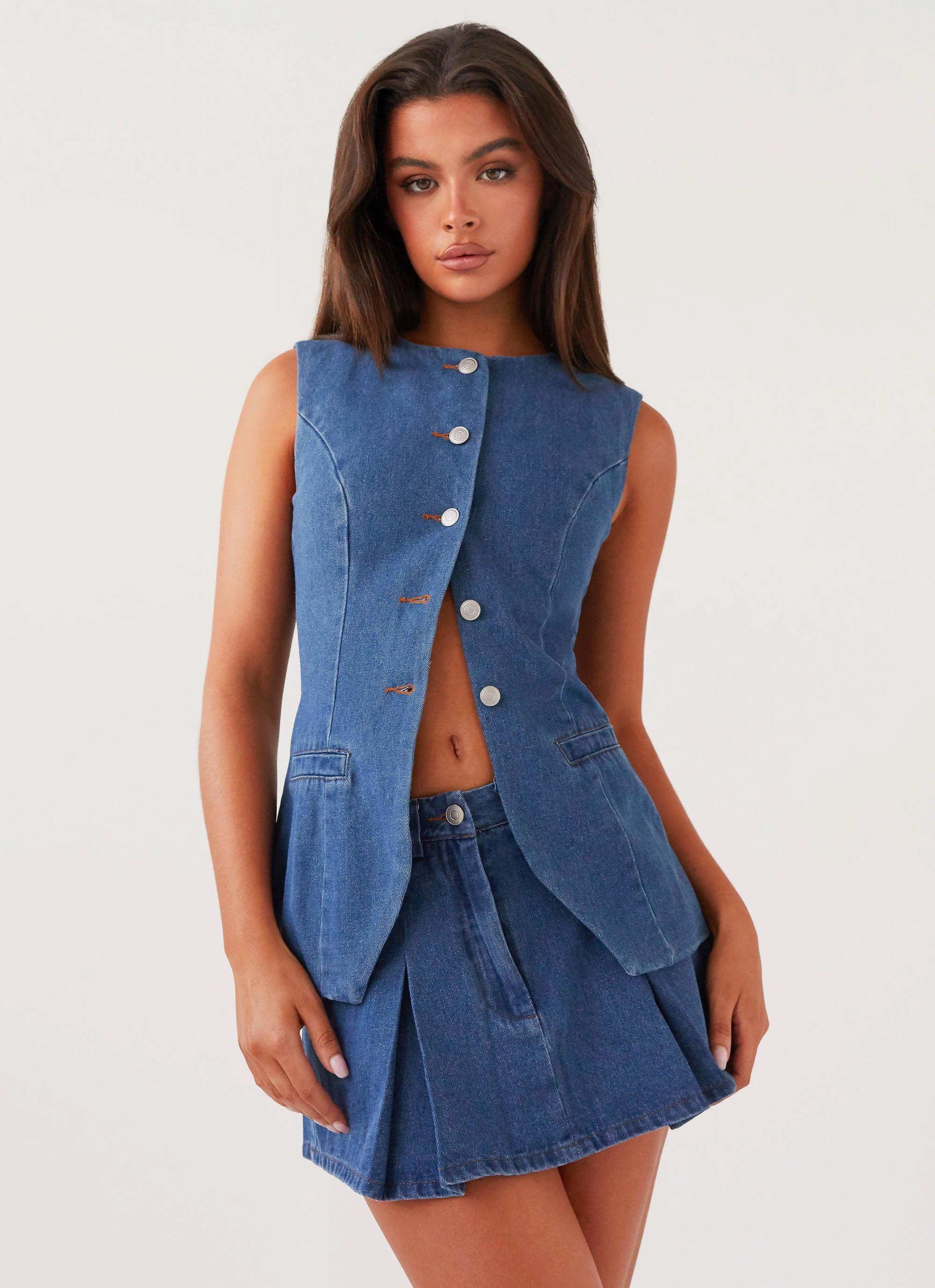 Breathable Weave Fabric Ashlyn Denim Mini Skirt - Indigo
