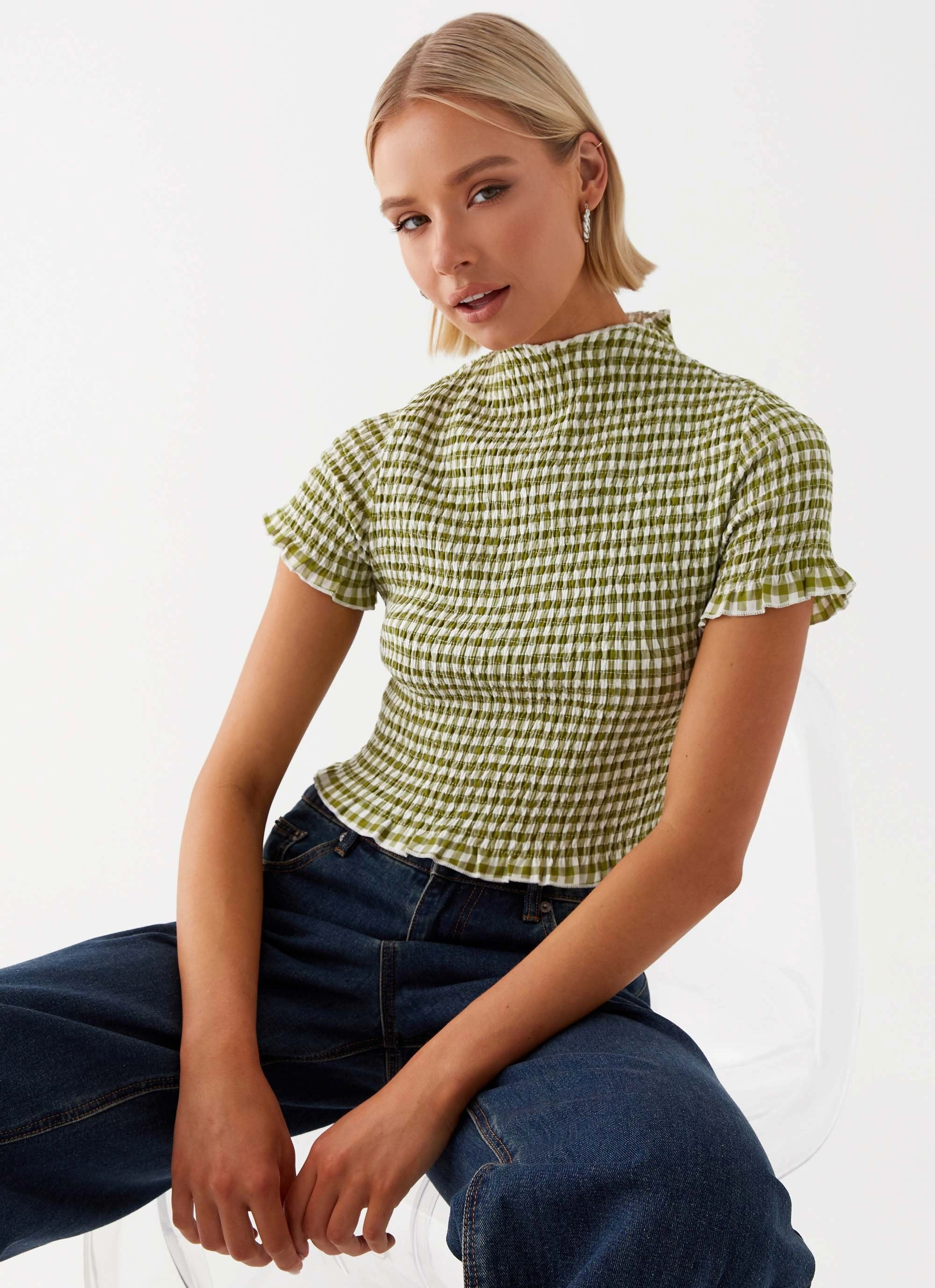 Cleo Tee - Khaki Gingham ReinforcedHem Non Chafing Side Seams