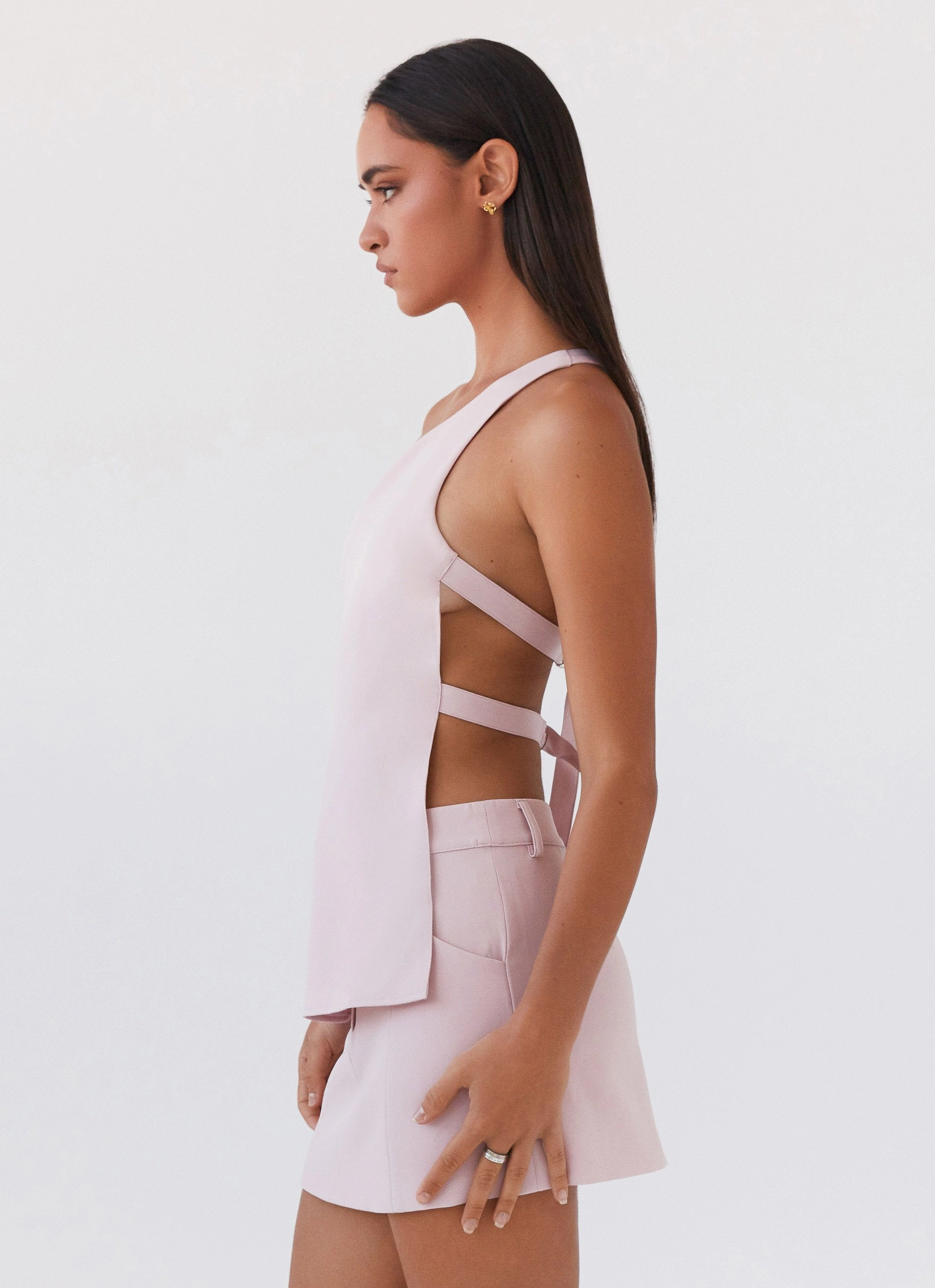 Double Layered Hood Assembly Zeina One Shoulder Top - Pink