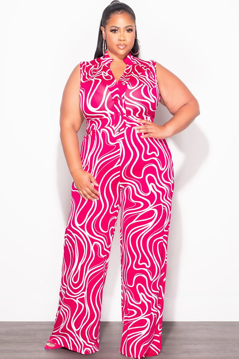 Final Sale Plus Size Collar Button Up Sleeveless Jumpsuit in Fuschia & White Design Print Stain Resistant