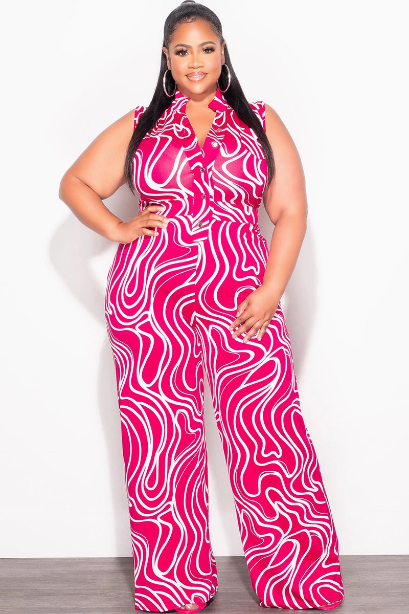 Chic Design SnagFreeFabric Final Sale Plus Size Collar Button Up Sleeveless Jumpsuit in Fuschia & White Design Print