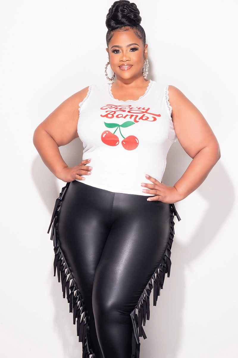 Final Sale Plus Size "Cherry Bomb" Graphic White Ribbed Tank with Red and Green with Lace Detail No Pinch UVProtectionCoating