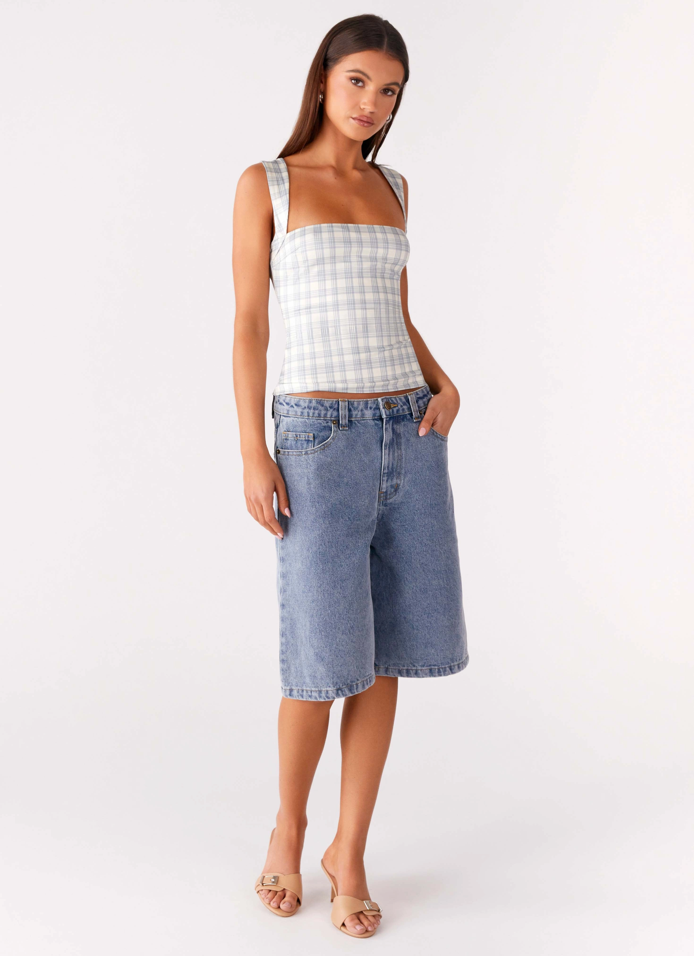 No Drama Strap Top - Grey Check Recycled Polyester Vintage Shirt