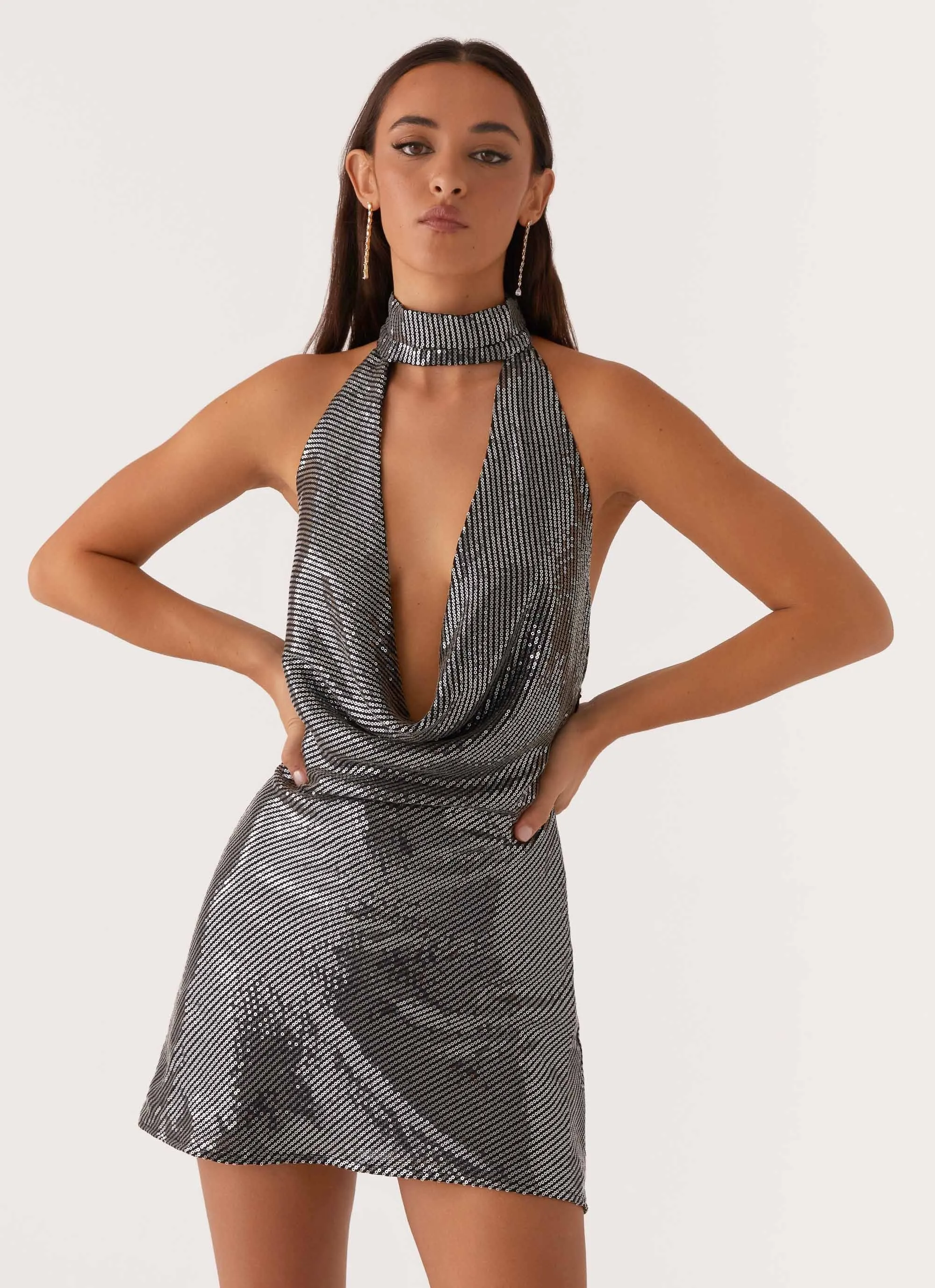 Nora Sequin Cowl Neck Mini Dress - Black Day Ready Form Fitting