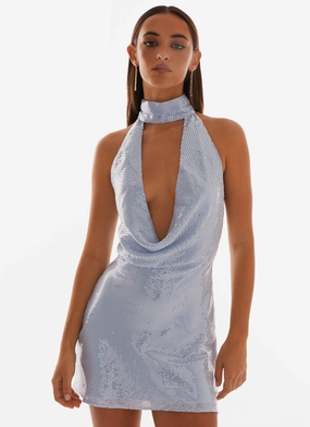 Soft Feel Chill Vibes Nora Sequin Cowl Neck Mini Dress - Blue