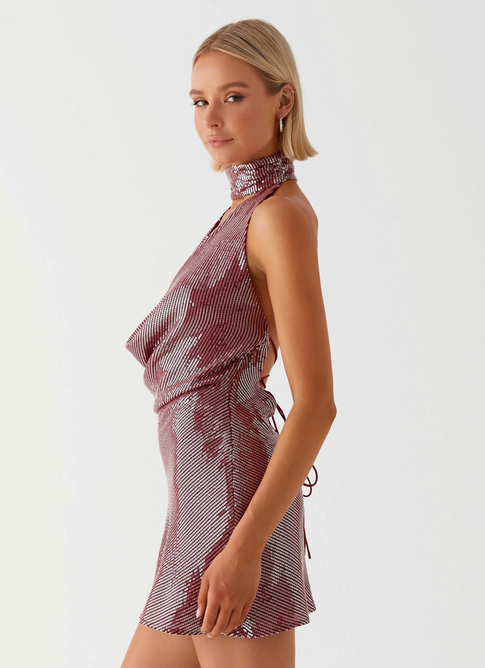 Light Flow Skin Glow Nora Sequin Cowl Neck Mini Dress - Red