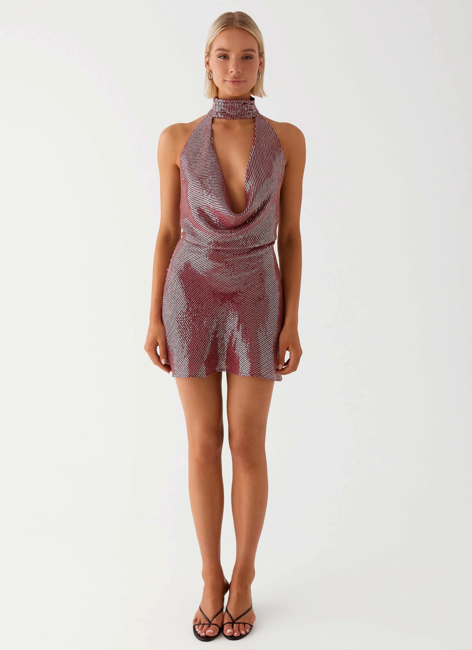 Layer Ready Nora Sequin Cowl Neck Mini Dress - Red