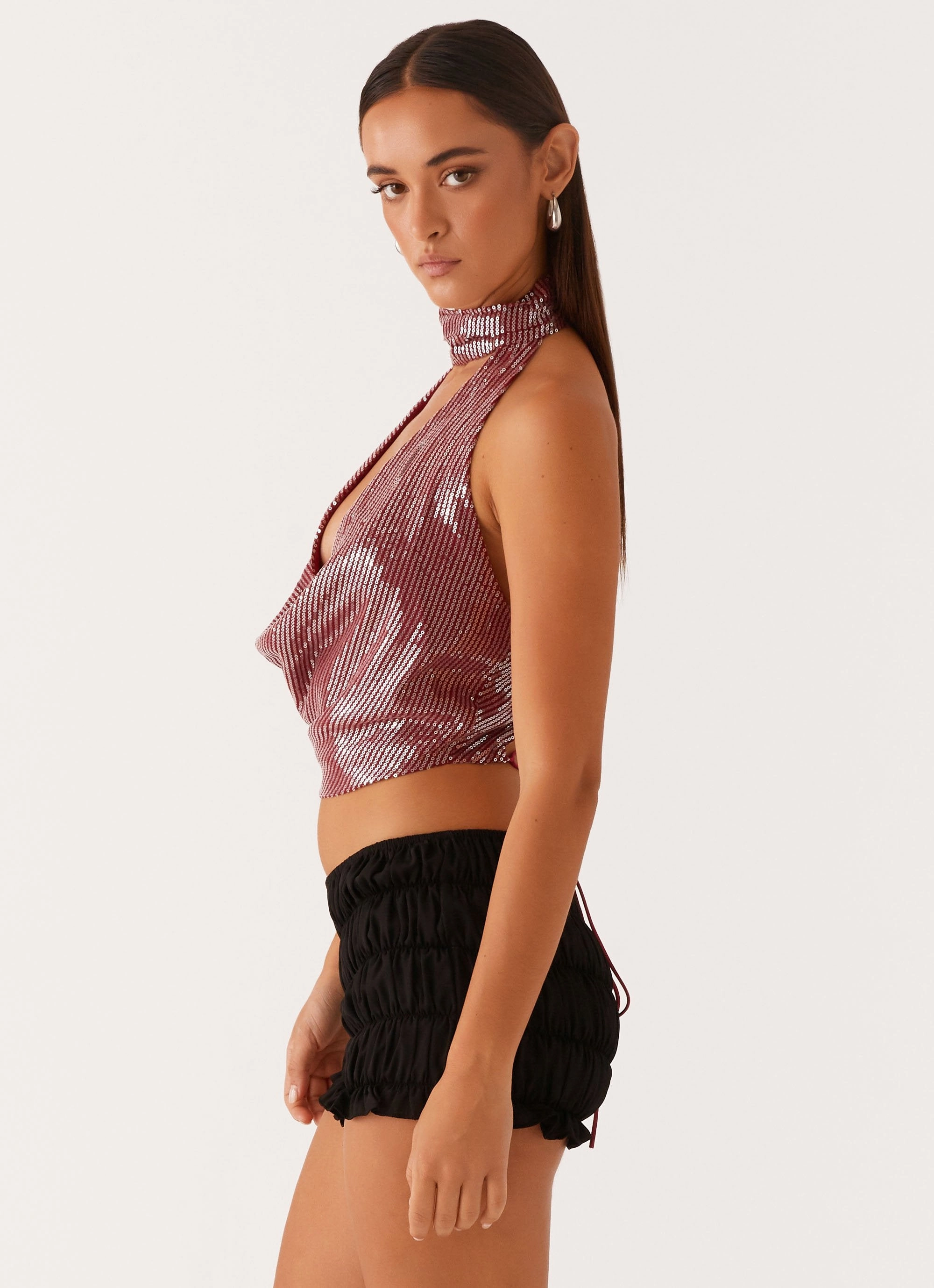 Nora Sequin Cowl Top - Red Easy Wear Professional Wear