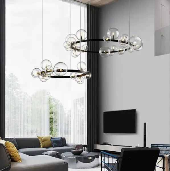 Nordic Living Room Lamp Simple Wind Magic Beans Molecular Bubble Lamp Bedroom Lamp Restaurant Glass Ball Chandelier Black Iron