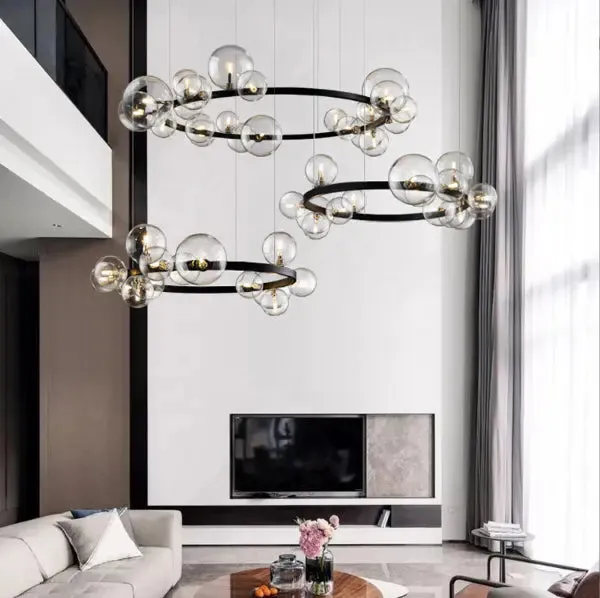 Nordic Living Room Lamp Simple Wind Magic Beans Molecular Bubble Lamp Bedroom Lamp Restaurant Glass Ball Chandelier Black Iron
