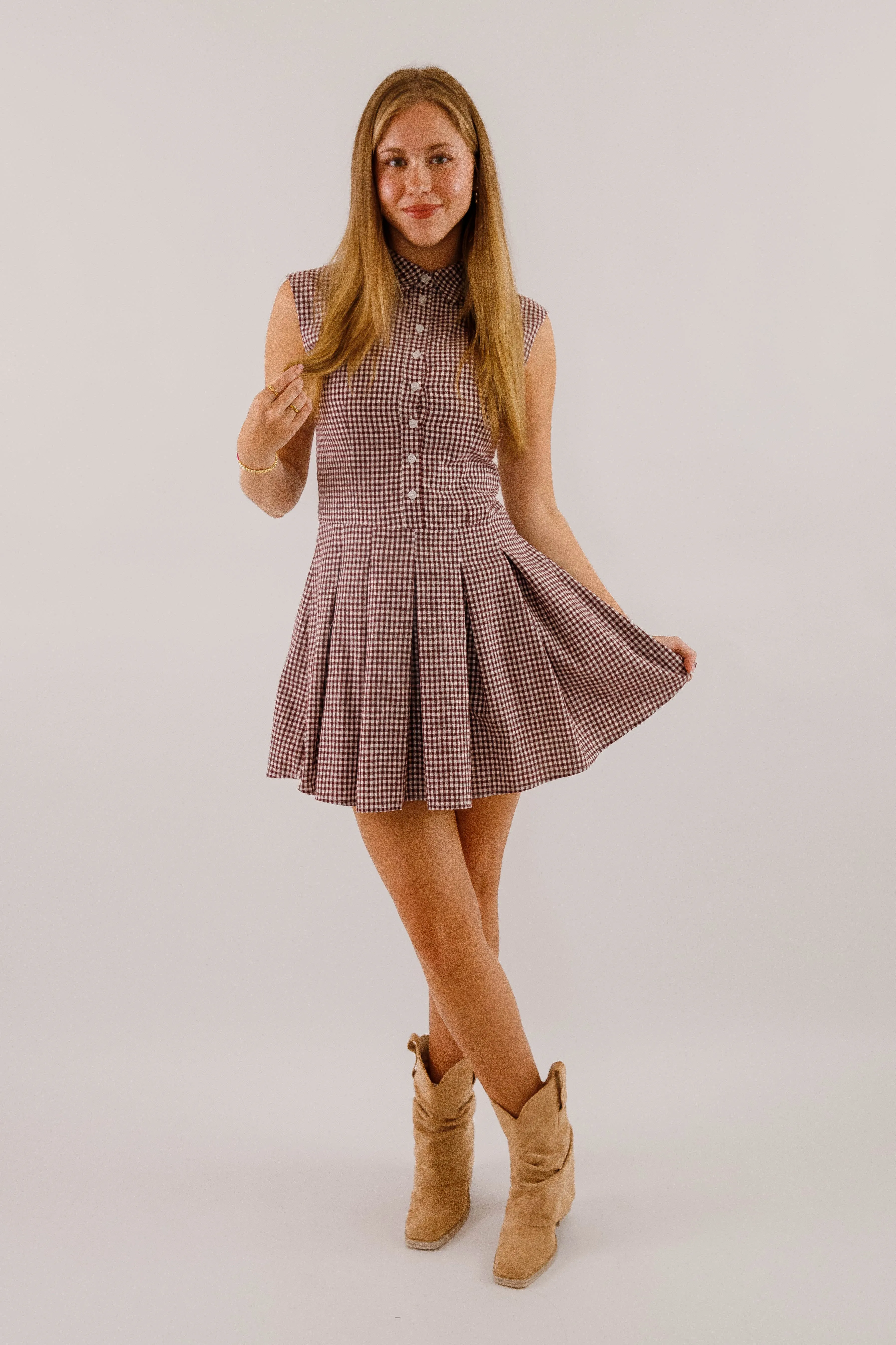 Not In My Nature Dress-Maroon Gingham Night Ready Noble Aura