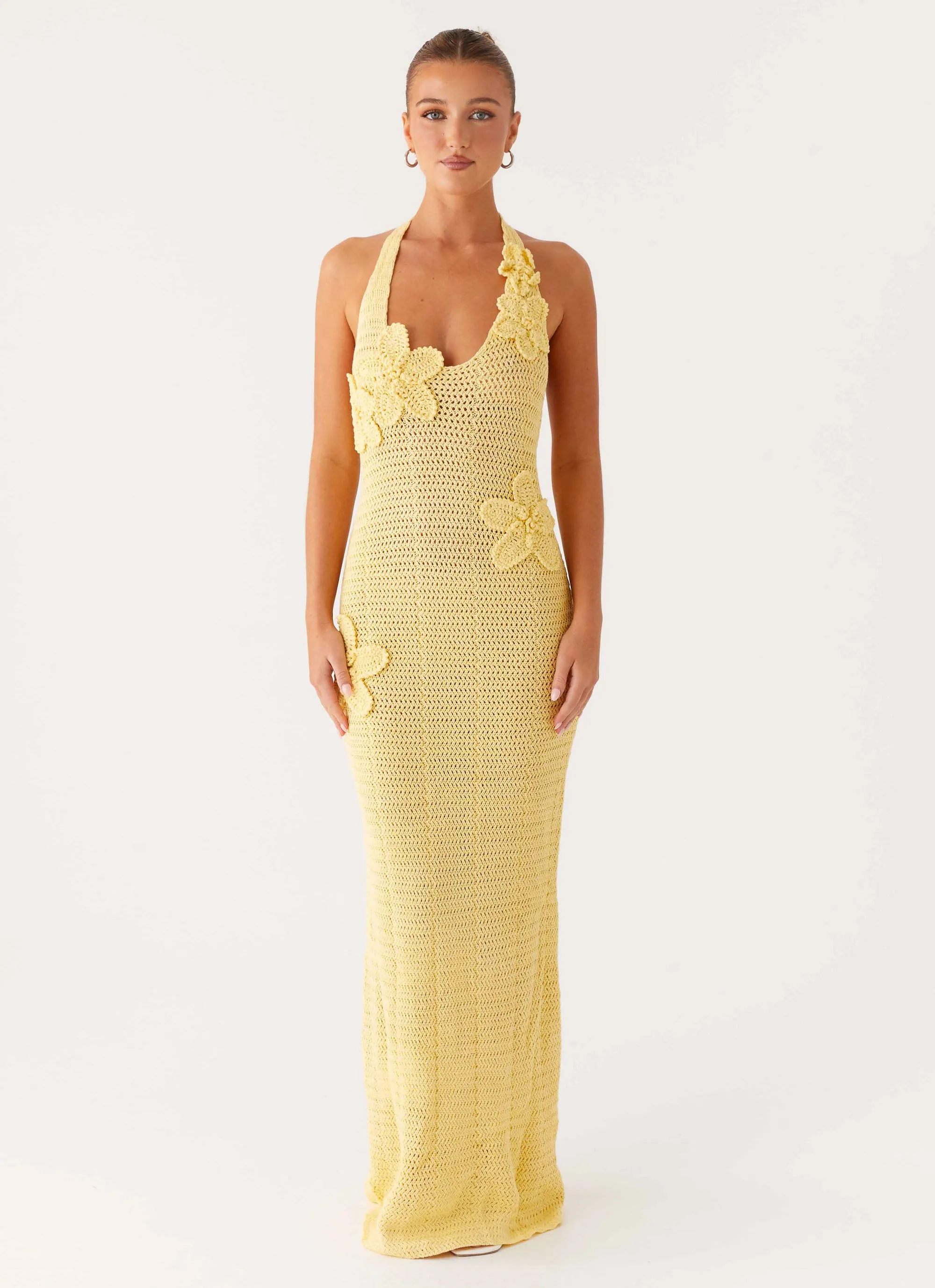 Novalee Flower Crochet Maxi Dress - Yellow Form Fit