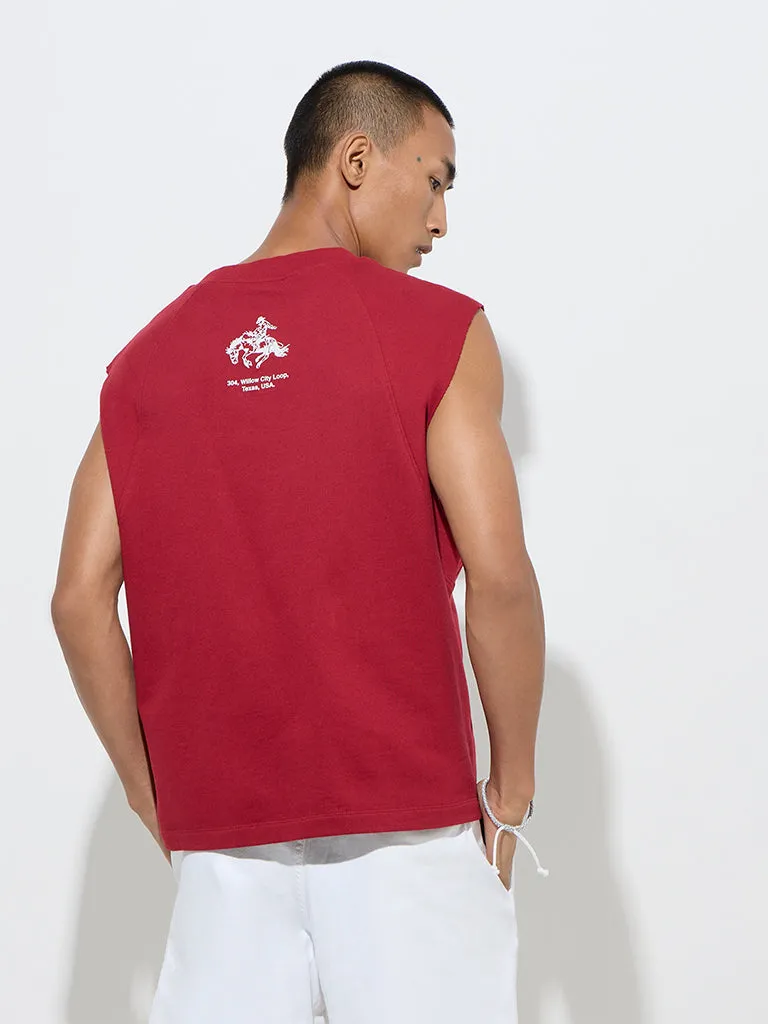Nuon Red Text Printed Relaxed-Fit Cotton T-Shirt